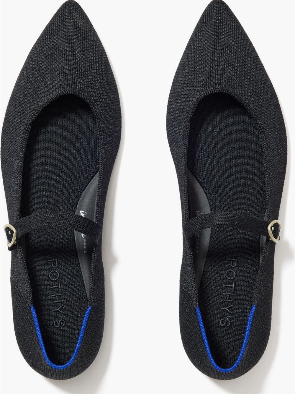 Rothy's Black Pointed Mary Jane II Flats with Blue Trim